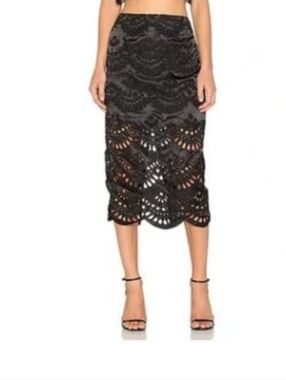 Keepsake The Label True Faith Scalloped Laser Cut Out Midi Skirt Black NWT